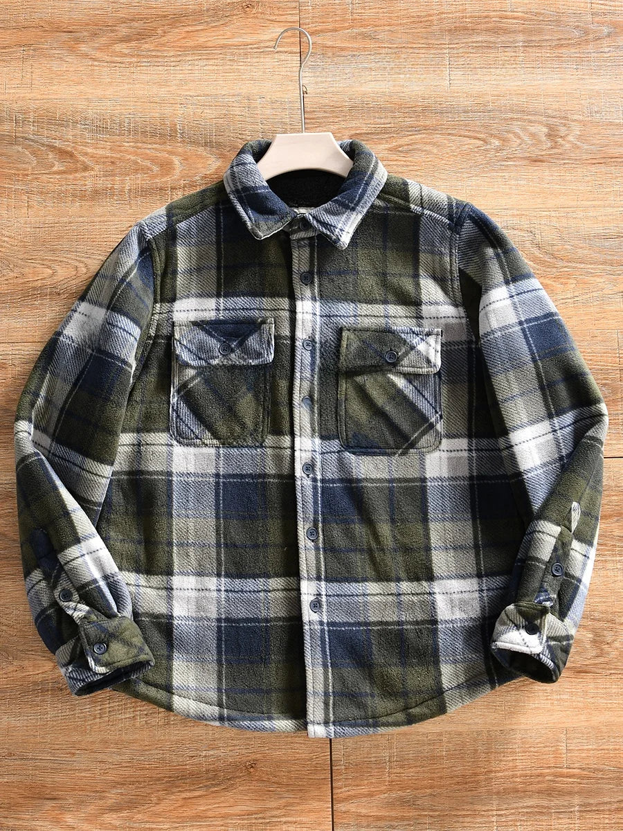 Double-Sided Fleece Plaid Shirt Jacket Thickened Casual Men's Winter Outerwear American Style Standard Fit Long Sleeve Button...
