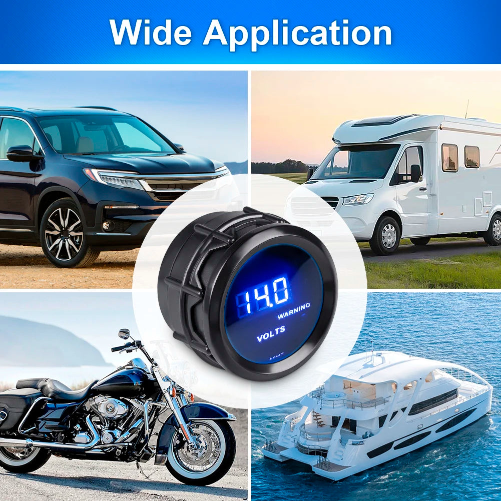 2" 52mm Car Voltmeter Gauge Kit 8-16V Blue Digital LED Volt Gauge Voltage Meter With Red Warning Light For Car Truck Vehicle