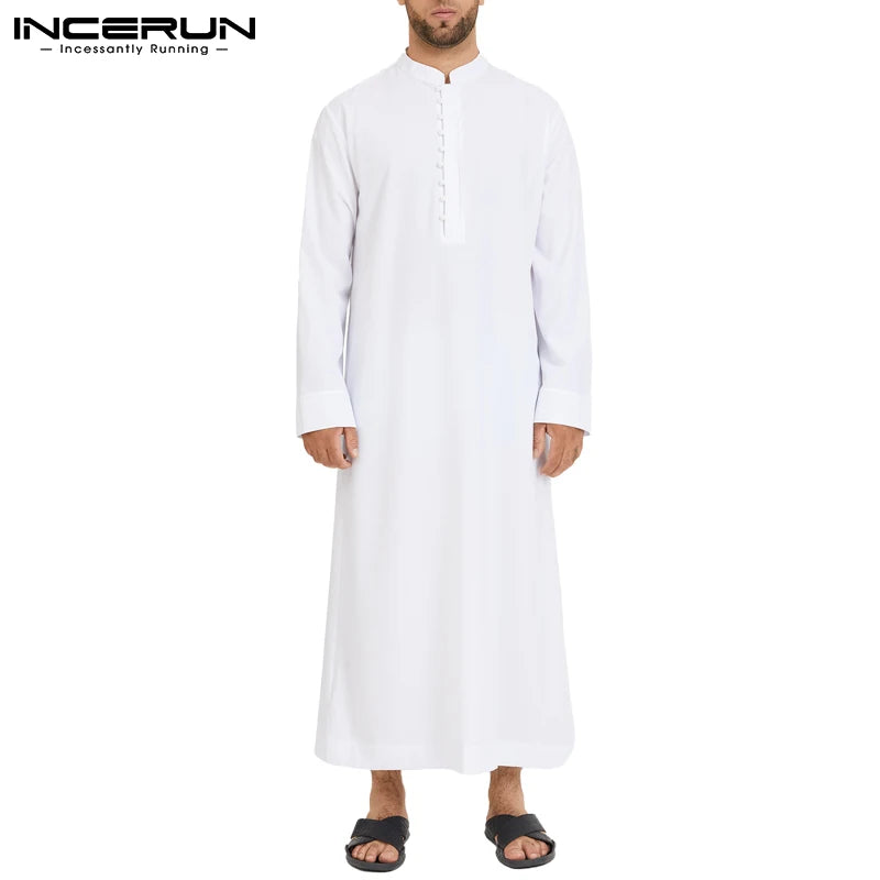 INCERUN Muslim Men Jubba Thobe Solid 2024 Long Sleeve Thin Robes Kaftan Stand Collar Islamic Arabic Fashion Men Caftan S-5XL