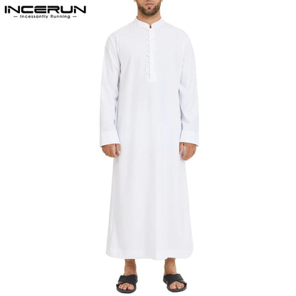 INCERUN Muslim Men Jubba Thobe Solid 2024 Long Sleeve Thin Robes Kaftan Stand Collar Islamic Arabic Fashion Men Caftan S-5XL