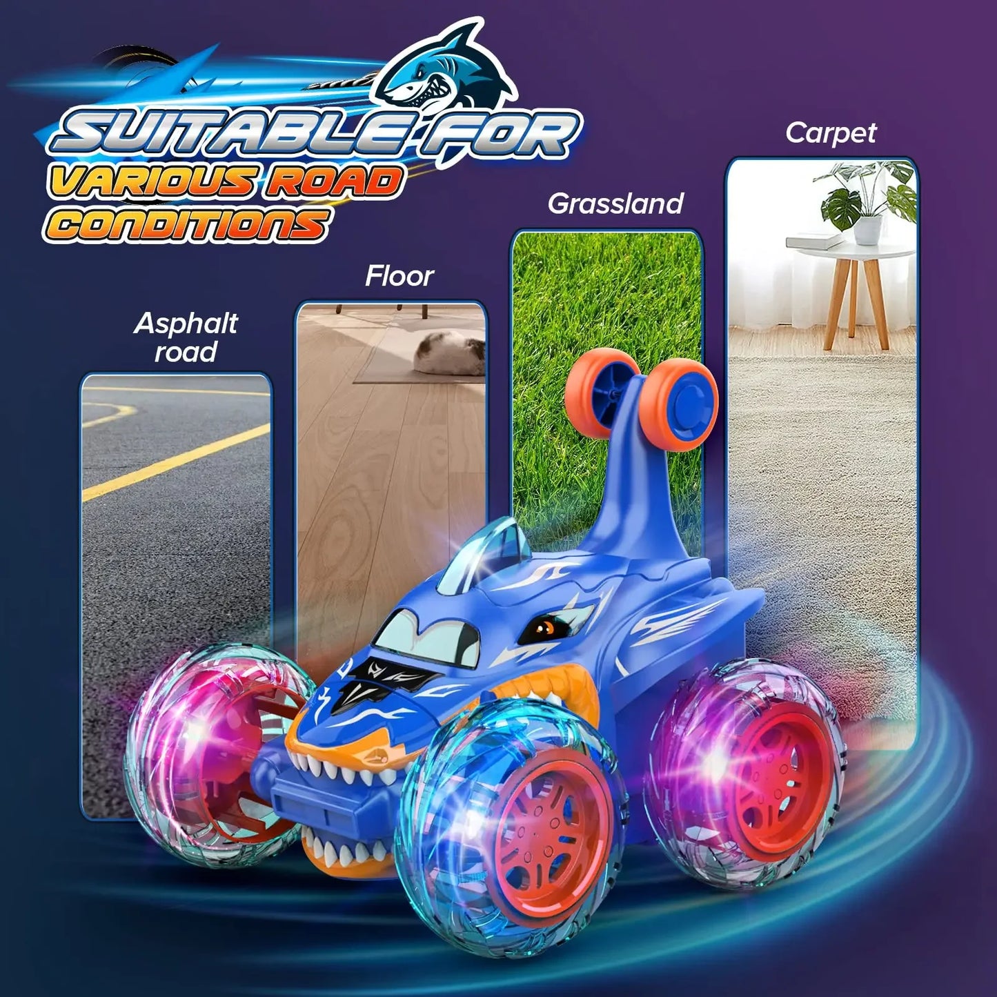 Remote Control Stunt Car 360° Flip Toy for Boy RC Car 4WD Cartoon Shark with Light Rotation Off Road Drift 2.4G Kid Toy Gift