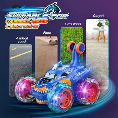 Remote Control Stunt Car 360° Flip Toy for Boy RC Car 4WD Cartoon Shark with Light Rotation Off Road Drift 2.4G Kid Toy Gift
