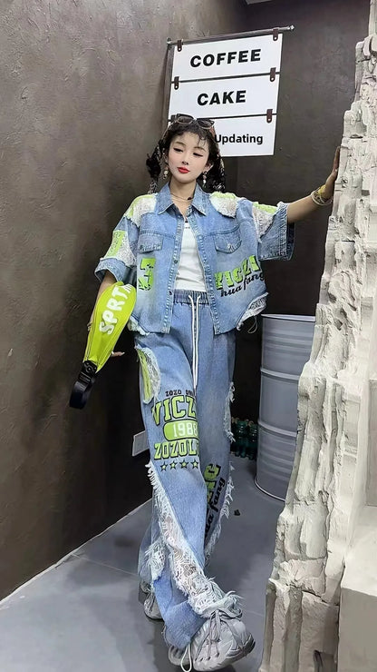 Casual Lace Hollow out Patchwork Summer New Women's Outfit Loose Top with Digital Letter Print Matching Long Pants