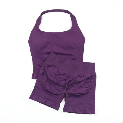 Women's Halter Neck Backless Yoga Set Seamless 2-Piece Outfit Ribbed High-Waist Scrunch Shorts Butt Lifting Gym Pilates Fitness