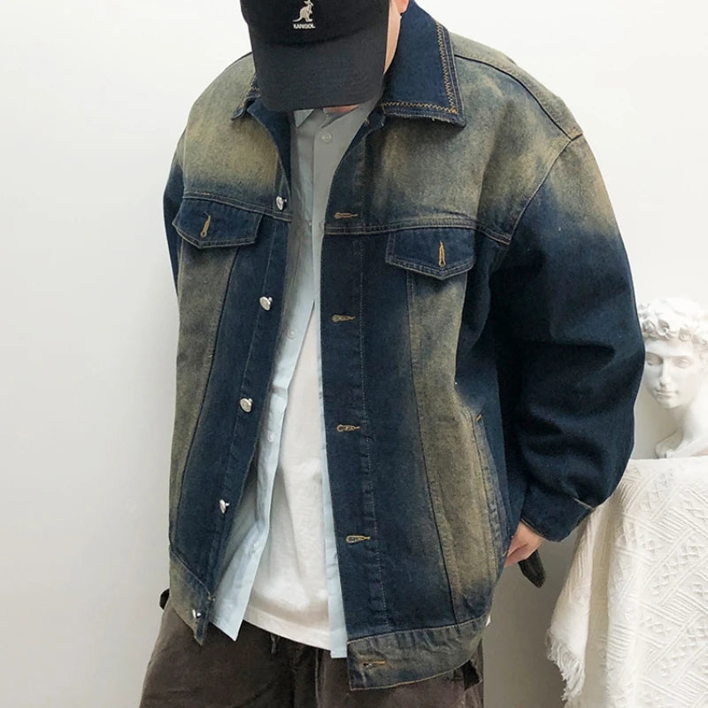 American Vintage Heavyweight Denim Jackets For Men Distressed Washed Fade Korean Streetwear Casual Coat Outerwear High Quality