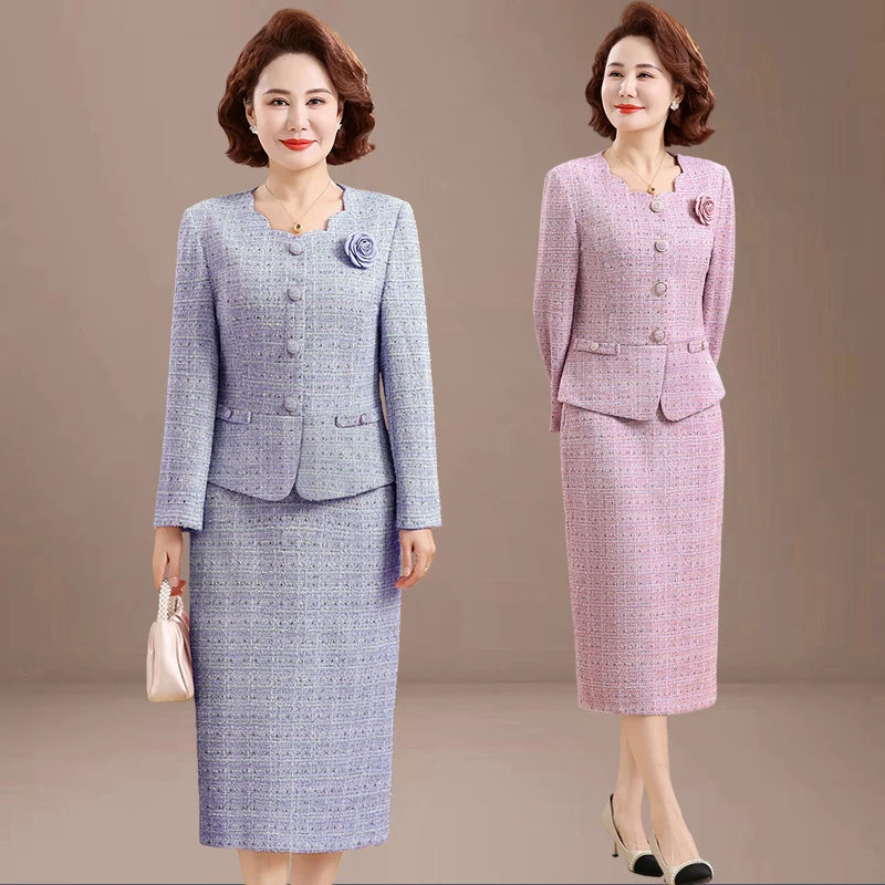 Spring 2026 New Style Small Fragrance Wind Fake Two-Piece Dress Set Elegant Ladylike Mommy Clothes Long Sleeve High Waist