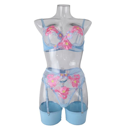Tornova Sexy Embroidery Lingerie Suit for Women Mesh Patchwork Embroidery Women's Underwear Suit Sexy Garters Mesh Underwear Set