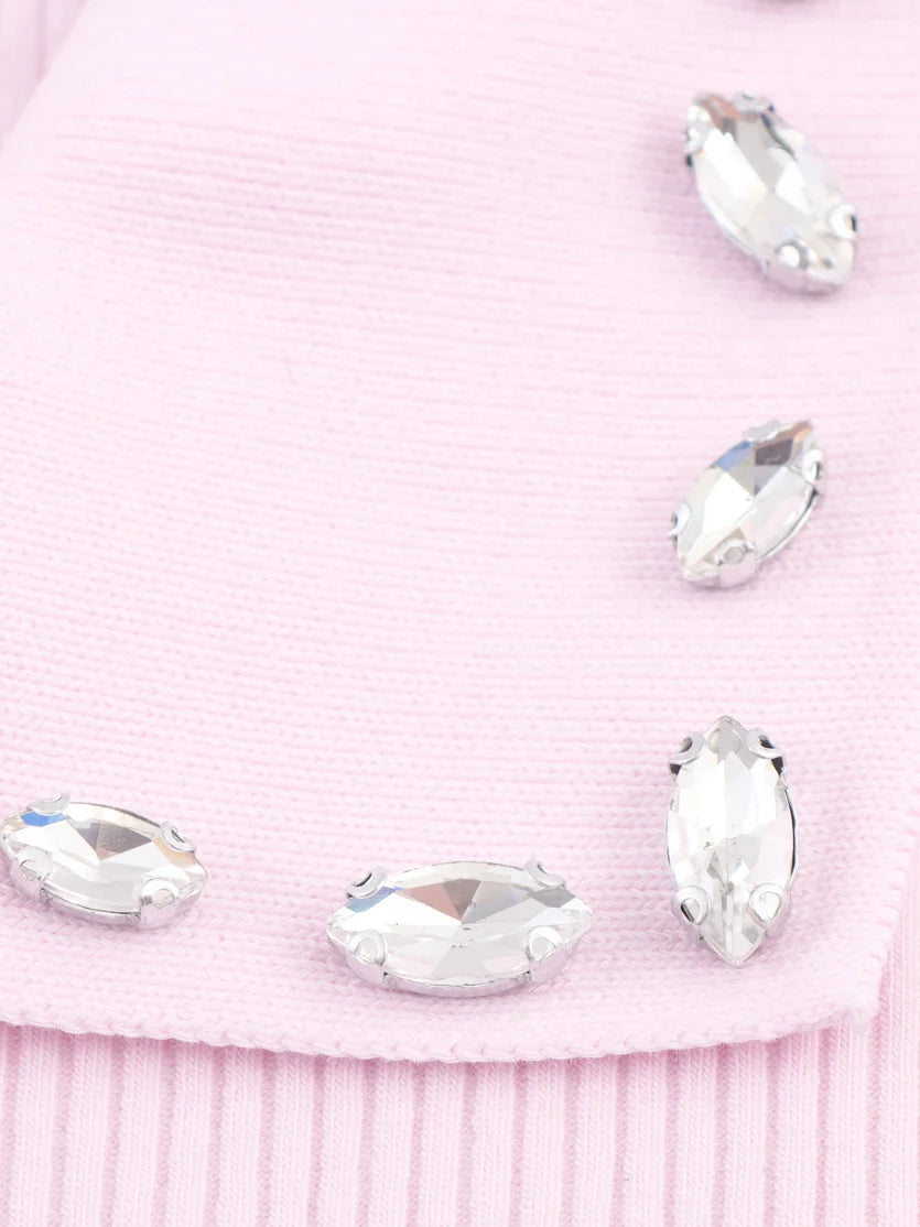 Retro American Diamond Embedded Short Sleeve Knitted T-shirt Women's Sweet Anti-aging Top Jewelry Collar Turn-down Collar