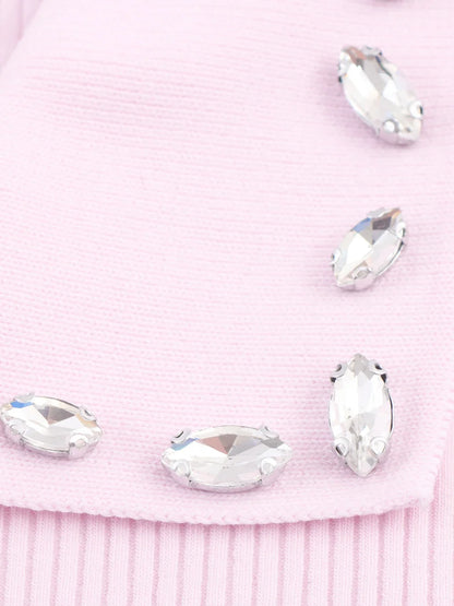 Retro American Diamond Embedded Short Sleeve Knitted T-shirt Women's Sweet Anti-aging Top Jewelry Collar Turn-down Collar
