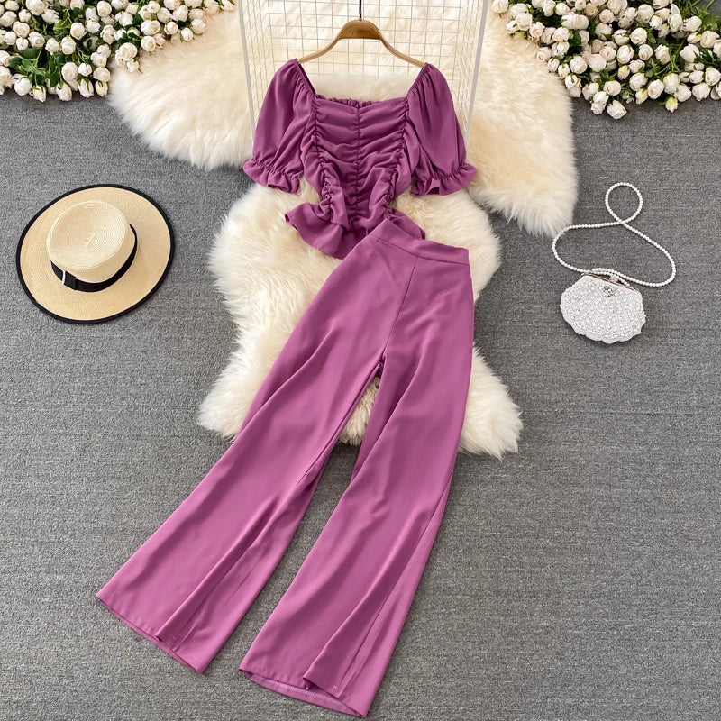 Faionable Casual Women's Set High Waist Wide Leg Pants Long Pants Two Piece Square Collar Slim Fit irt Spring