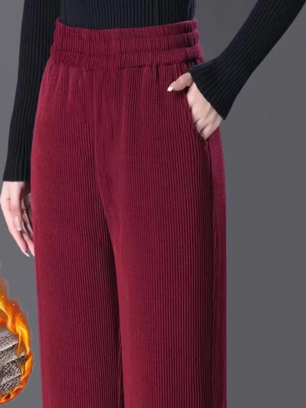 Women's Fleece Lined Corduroy Wide Leg Pants High Waist Warm Straight Cut Casual Trousers Autumn Winter New Mom Comfortable