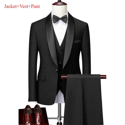 Men's Lapel Black Suit Set Coat Vest Trousers / Business Groomsmen Groom Wedding Dress Fprmal Blazer Pants