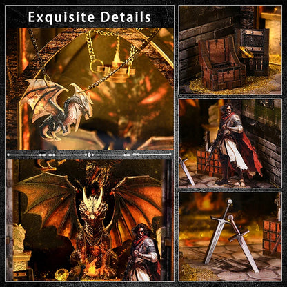 Zuuton Dragon Treasure DIY Book Nook Kit 3D Wooden Puzzle with LED Light Miniature Dollhouse Bookend Handmade Model Decor Gift
