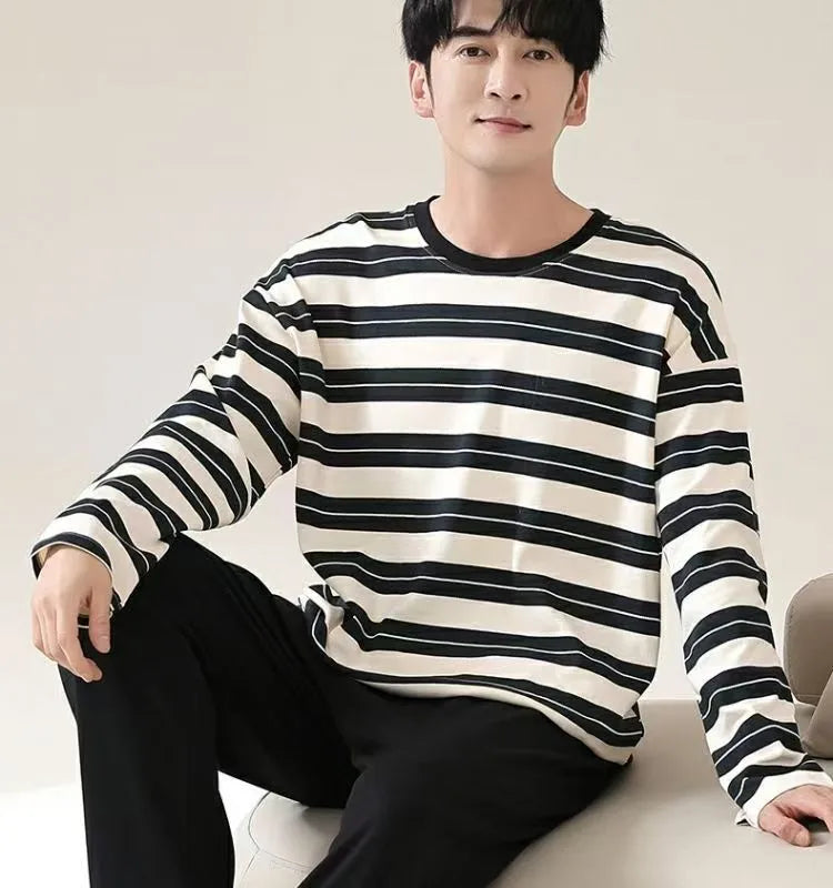 Men‘s Pajama Set Long Sleeve Black Striped Fall and Winter Youth Student Nightwear Loungewear Two Piece Set Sleepwear Homewear
