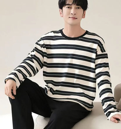 Men‘s Pajama Set Long Sleeve Black Striped Fall and Winter Youth Student Nightwear Loungewear Two Piece Set Sleepwear Homewear