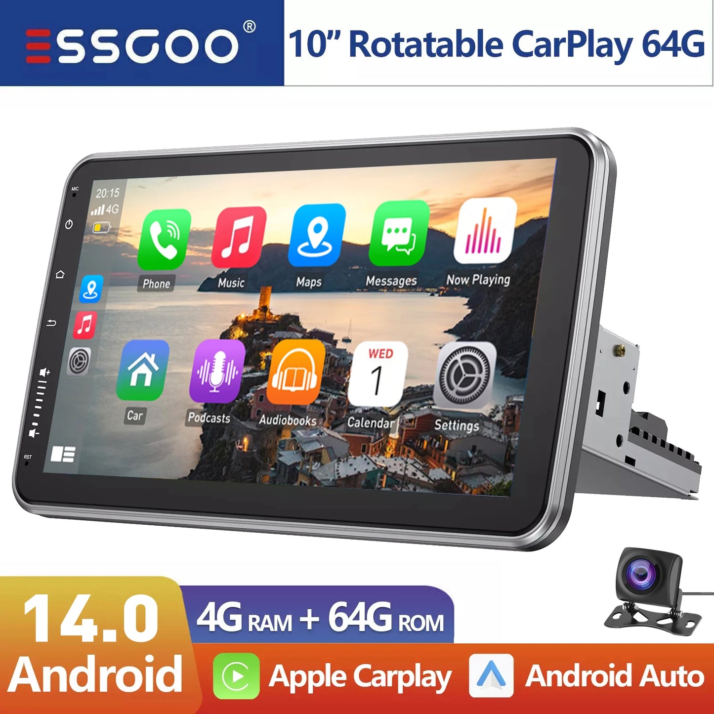 10.1'' 4+64GB 360° Rotatable Single 1DIN Car Stereo Android 14 Carplay WIFI Head Unit FM Radio Bluetooth SWC GPS Navi+DVR&Camera