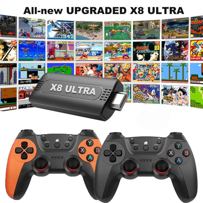 The X8 ULTRA retro video game console comes pre-installed with 50,000 games and plug-and-play PS1/N64/PSP emulators.