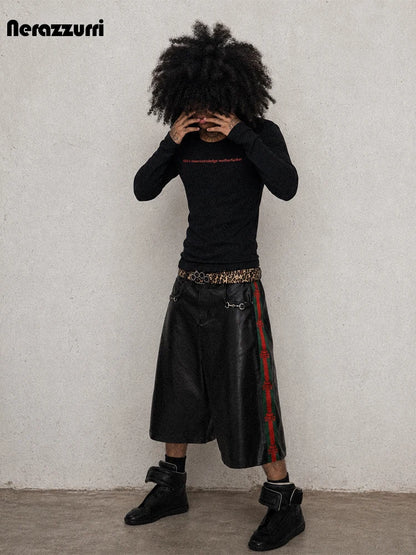 Nerazzurri Summer Patchwork Pu Leather Shorts for Men Cool Handsome Luxury Designer Calf-Length Pants Emo Menswear Clothes 2026