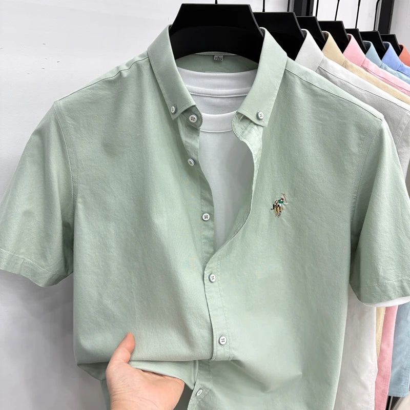 100% Pure Cotton Men's Short Sleeved 2026 New Brand Embroidered Trendy Shirt for Men's Casual Summer Wear