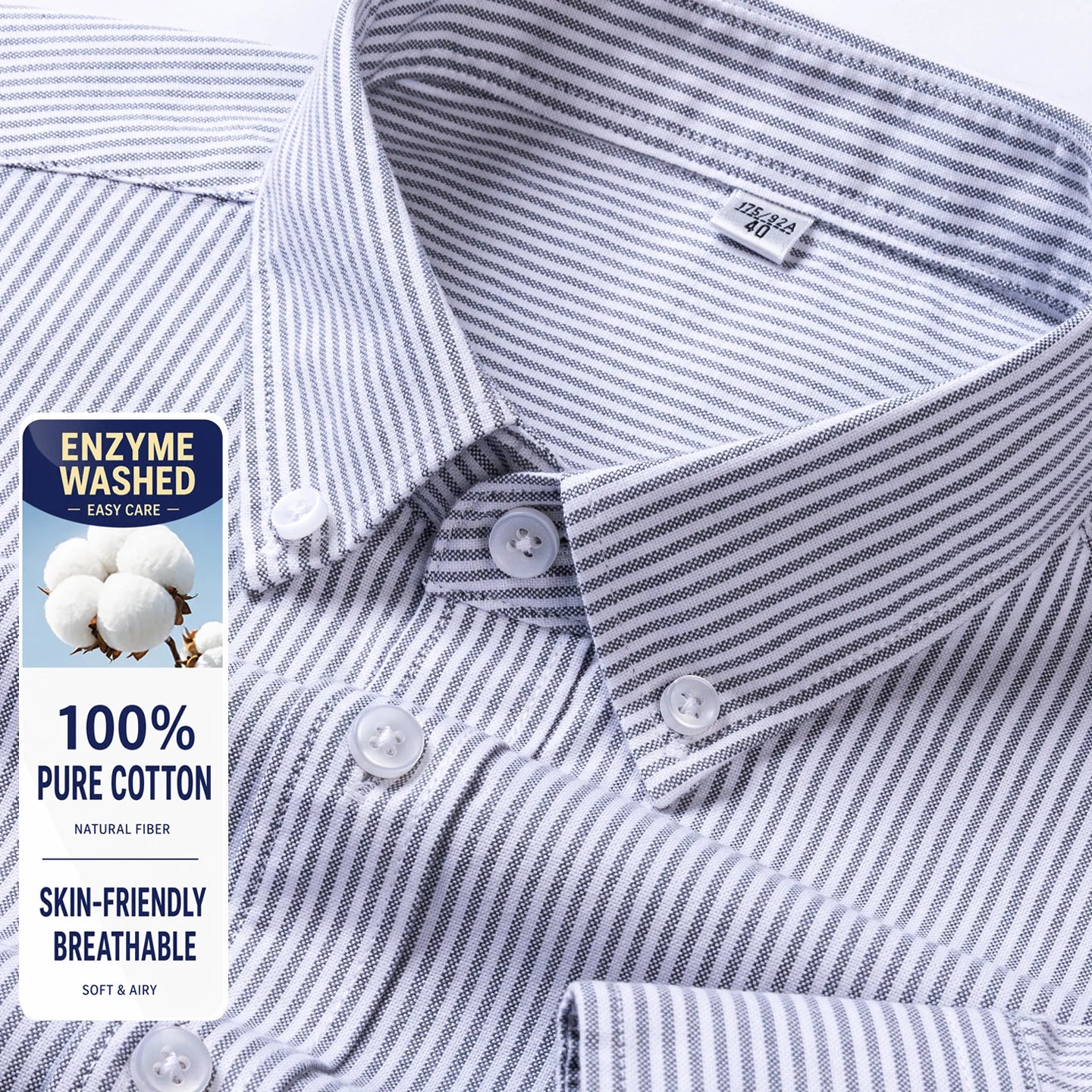 Men Cotton Oxford Shirt Long Sleeve Button Down Casual Business Shirt Pre-Shrunk Enzyme Washed Breathable Wrinkle Resistant