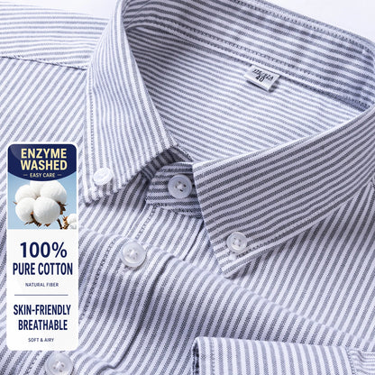 Men Cotton Oxford Shirt Long Sleeve Button Down Casual Business Shirt Pre-Shrunk Enzyme Washed Breathable Wrinkle Resistant