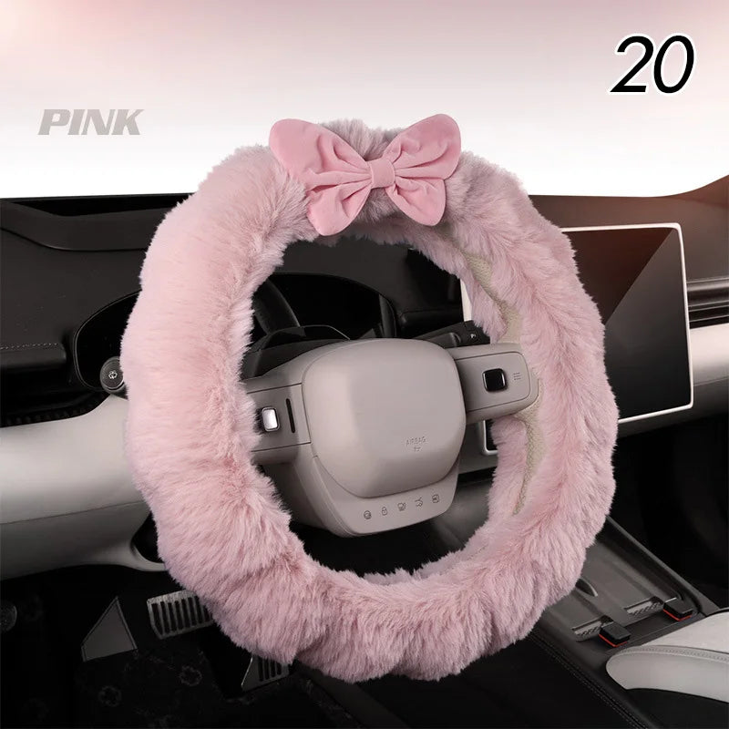 Winter Plush Car Seat Cover Bowknot Fashion Cute Women's Automotive Interior Protector Steering Wheel Warm Cushion Car Pillow