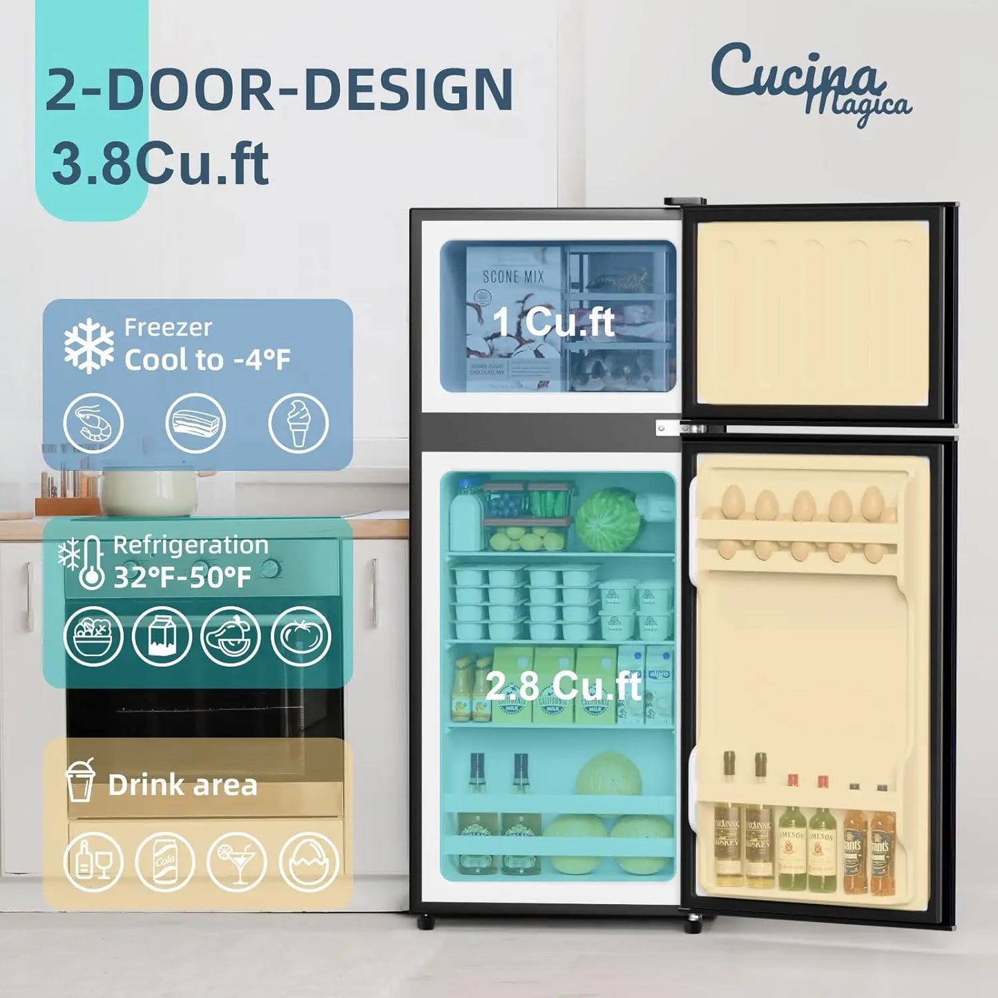 Mini Fridge with Freezer, 3.8 Cu.Ft Small Fridge, Energy Saving, Low Noise,7 Adjustable Thermostat