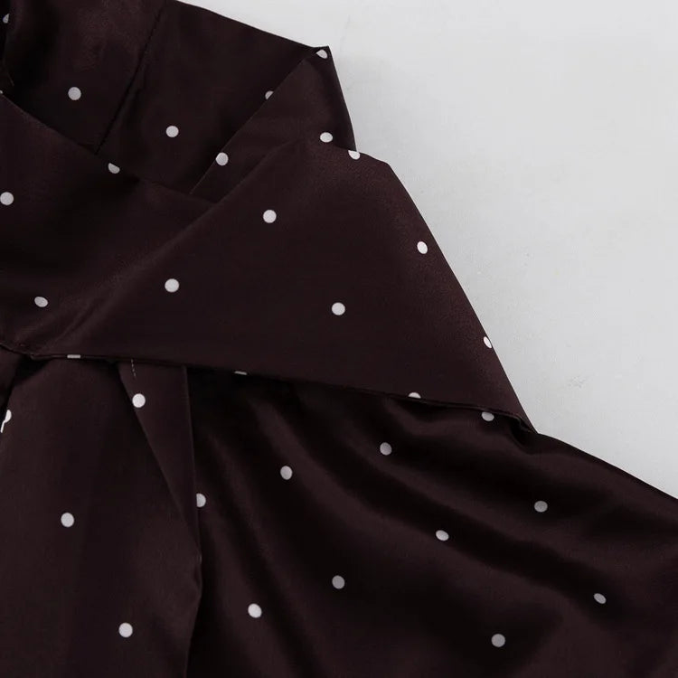 Two Piece Skirt Set Printed Polka Dot Satin Skirt Set Women's Long Sleeved Lace Up Shirt+high WAIST Midi Skirt Set