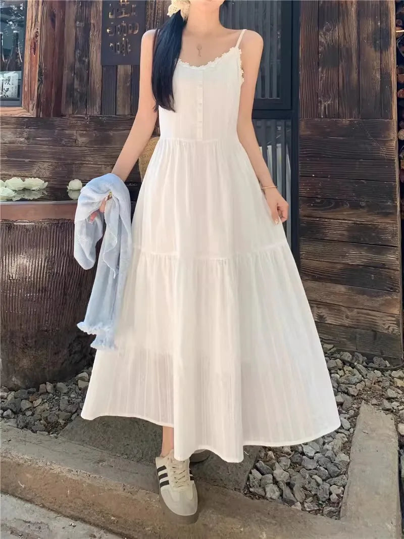 Slimming White Strapless Long Dress Simple French Style A-Line Midi Dress Women's Summer Fashion Sensation Waist-Cinching Dress