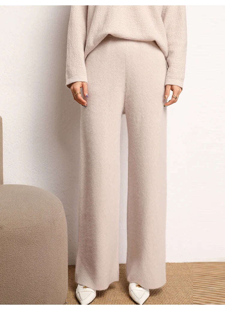 Women's 100% Cashmere Wide Leg Pants Knitted Thick Autumn/Winter Casual Solid Color Elastic Waistband Pockets