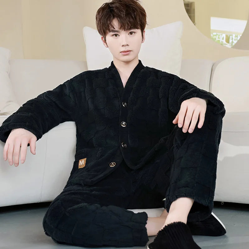 Thick Coral Fleece Sleepwear Men's Autumn Winter Casual Large Size Outdoor Wearable Flannel Home Clothes Set V-Neck Long Sleeve