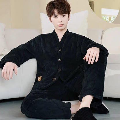 Thick Coral Fleece Sleepwear Men's Autumn Winter Casual Large Size Outdoor Wearable Flannel Home Clothes Set V-Neck Long Sleeve