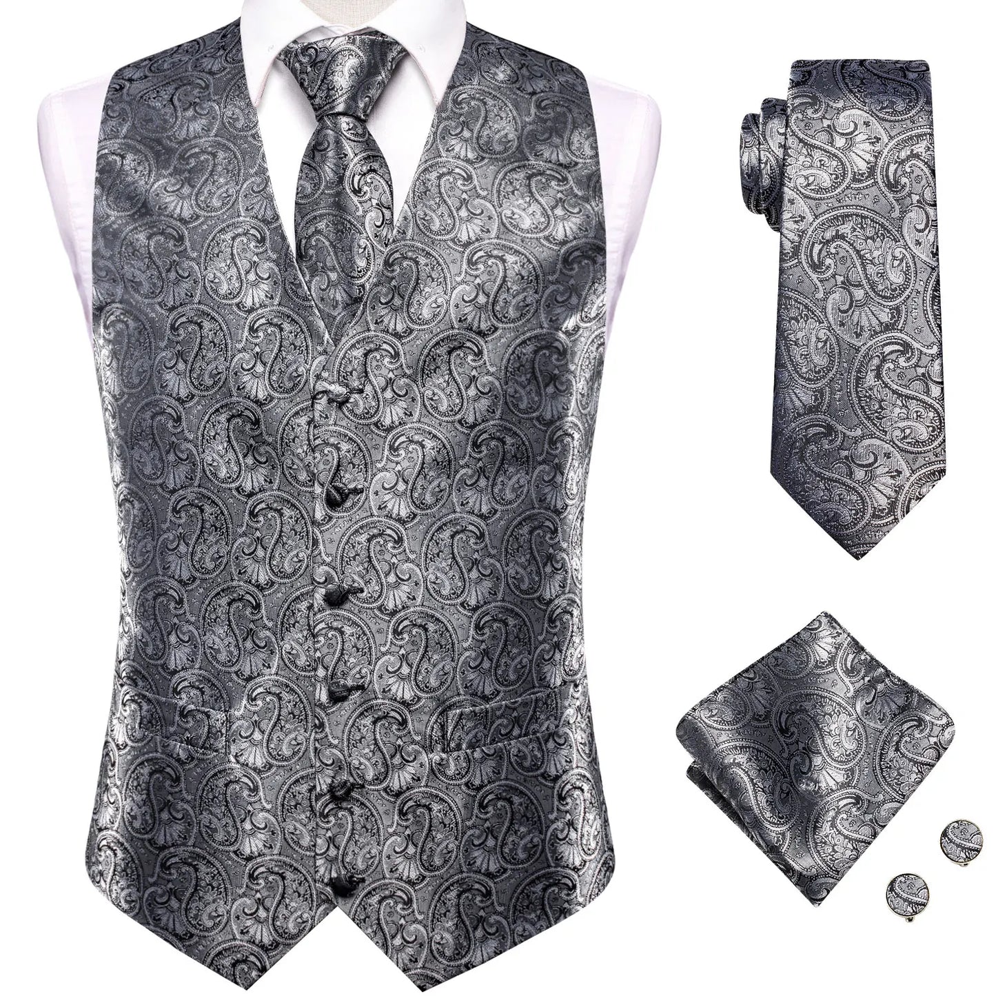 4Pcs Men Formal V-Neck Vest Kit Waistcoat Tie Handkerchief & Cufflinks for Occasions