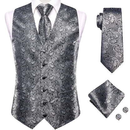 4Pcs Men Formal V-Neck Vest Kit Waistcoat Tie Handkerchief & Cufflinks for Occasions