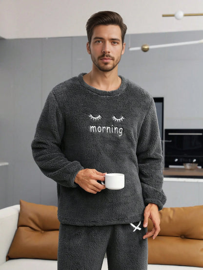 Men'S Flannel Pajamas Set Warm Loungewear Set Embroidery Eyelash Cozy Clothing Thickened Loungewear Soft Comfortable Home Wear