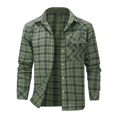 Men's Shirts Spring Flannel Long Sleeve Plaid Checkered Brushed Casual Western Cowboy Pearl Snap Shirt Popular Clothes US Size