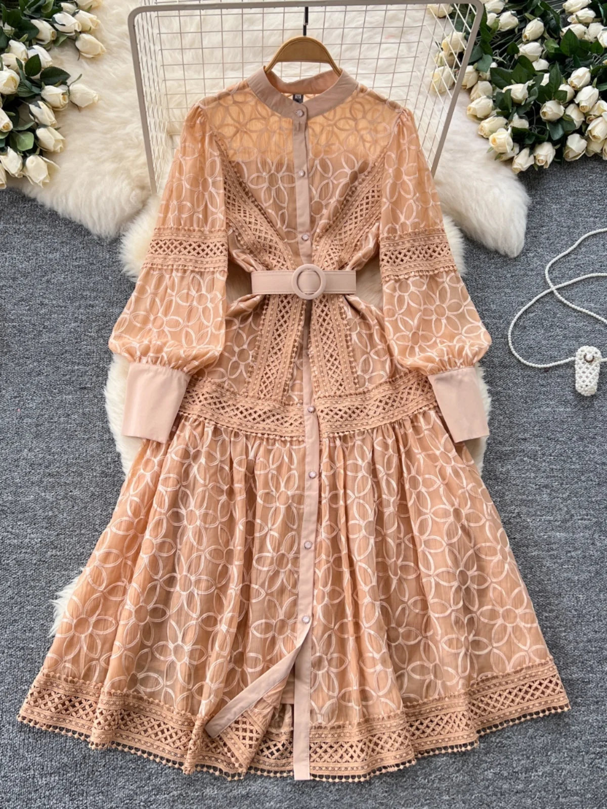 Court Sle Heavy Embroidery Lantern Sve Long Dr Women's Retro Winter Faion High Waist A-Line Dr Korean Version