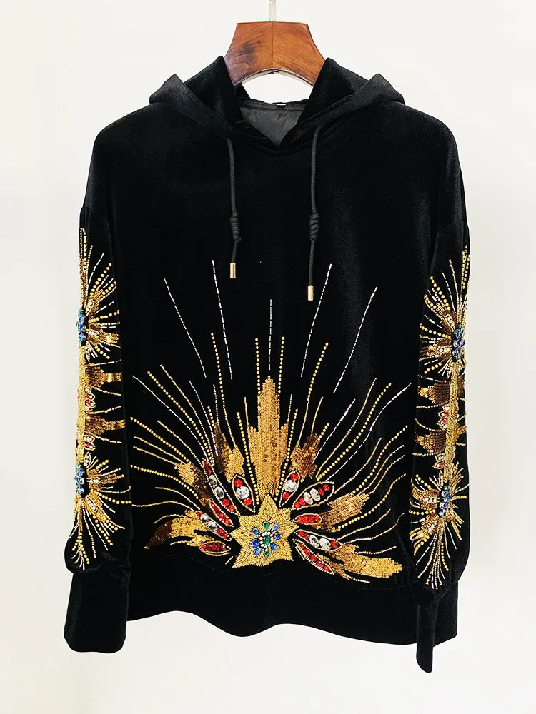HIGH STREET Newest 2026  Designer Tops Women's Sequined Rhinestone Diamonds Beaded Velvet Loose Hooded Hoodie Sweatshirt