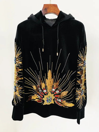 HIGH STREET Newest 2026  Designer Tops Women's Sequined Rhinestone Diamonds Beaded Velvet Loose Hooded Hoodie Sweatshirt