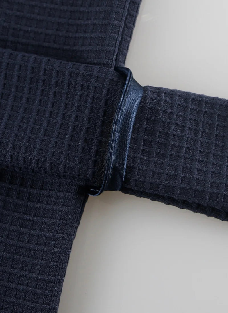 Mens Waffle Knit Hooded Bathrobe Navy Blue Kimono Style with Belt Pockets Soft Lightweight Spa Loungewear for Shower Hotel Home