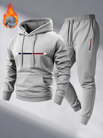 Men Hooded Tracksuit Winter Casual Thick Loose Plus Size Paris Letter Print fleece warm pullover long sleeved hooded sweatshirt