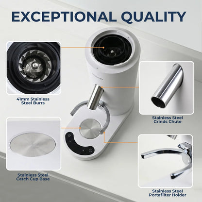 ROUNY USB-C Rechargeable Coffee Grinder 60 Settings, 41mm Stainless Steel Burr, LED Touch, Cordless Portable, White