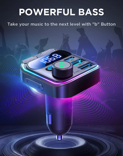 JOYROOM Bluetooth 5.3 FM Transmitter Car Adapter 48W PD & QC 3.0 USB C Car Charger Cigarette Lighter Adapter Hands-Free Calling