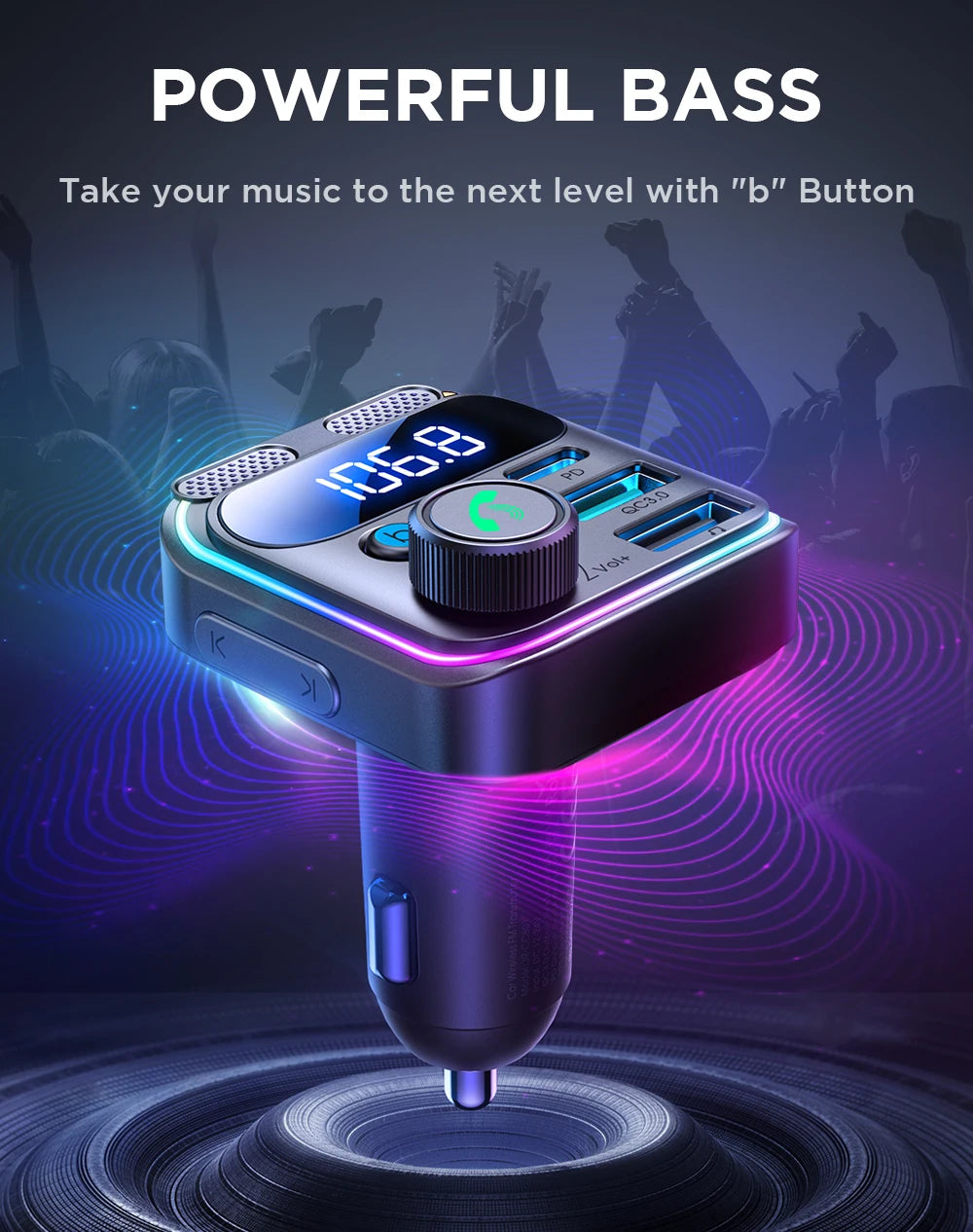 Joyroom 81W Fast Car Charger Bluetooth 6.0 FM Transmitter Wireless Radio Handsfree Calling Dual Mics Auto MP3 Player Car Charger