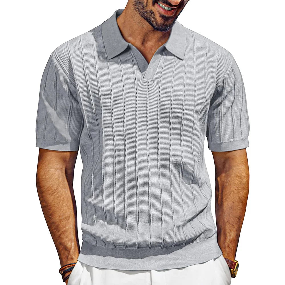 Men's Knit Polo Shirt Short Sleeve V Neck Ribbed Casual Summer Top 2026