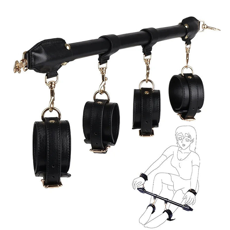 Leather SM Bondage Restraint Tool Sex Handcuffs Couple Fixed Position Conditioning Rod With Foot Cuff Male Female Adult Products