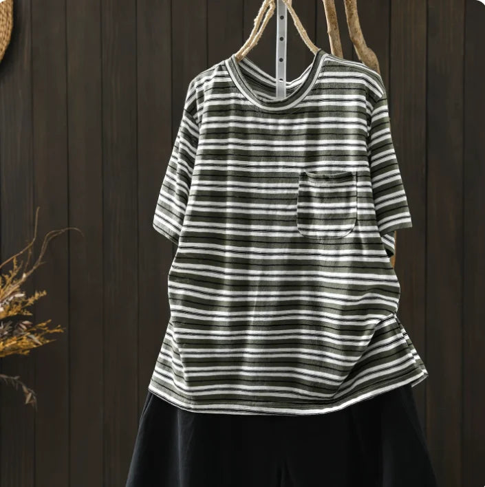 Women Summer Short-sleeve T-shirt 2026 Summer New Stylish Striped Single-pocket Loose T-shirt ZXY154