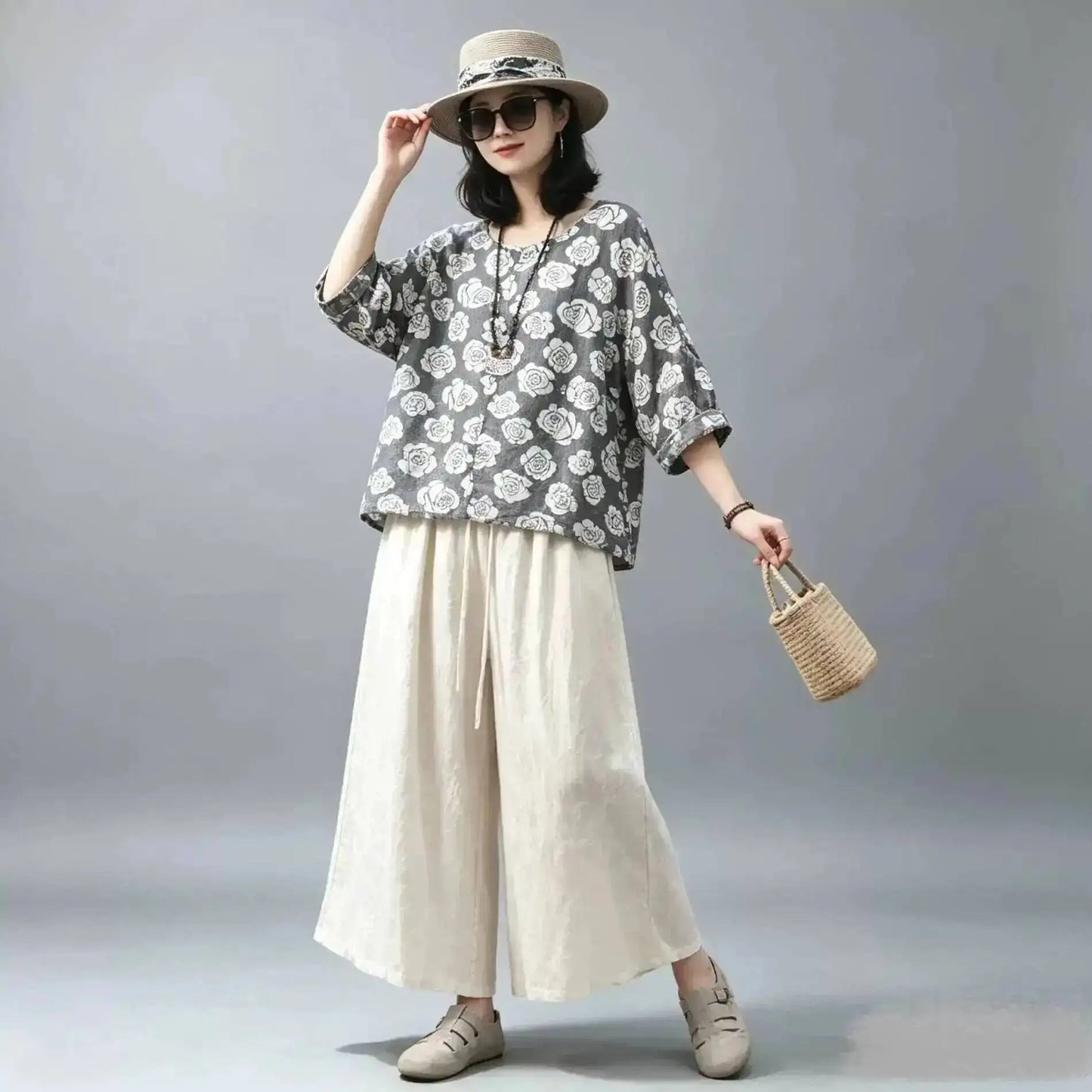 Loose Cropped Wide-leg Pants Women Summer Casual Pant LX5850