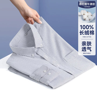 100% Cotton Men's Oxford Shirts Spring Autumn Long Sleeve Basic Casual Solid Striped Button Down Social Business Formal Plus 5XL