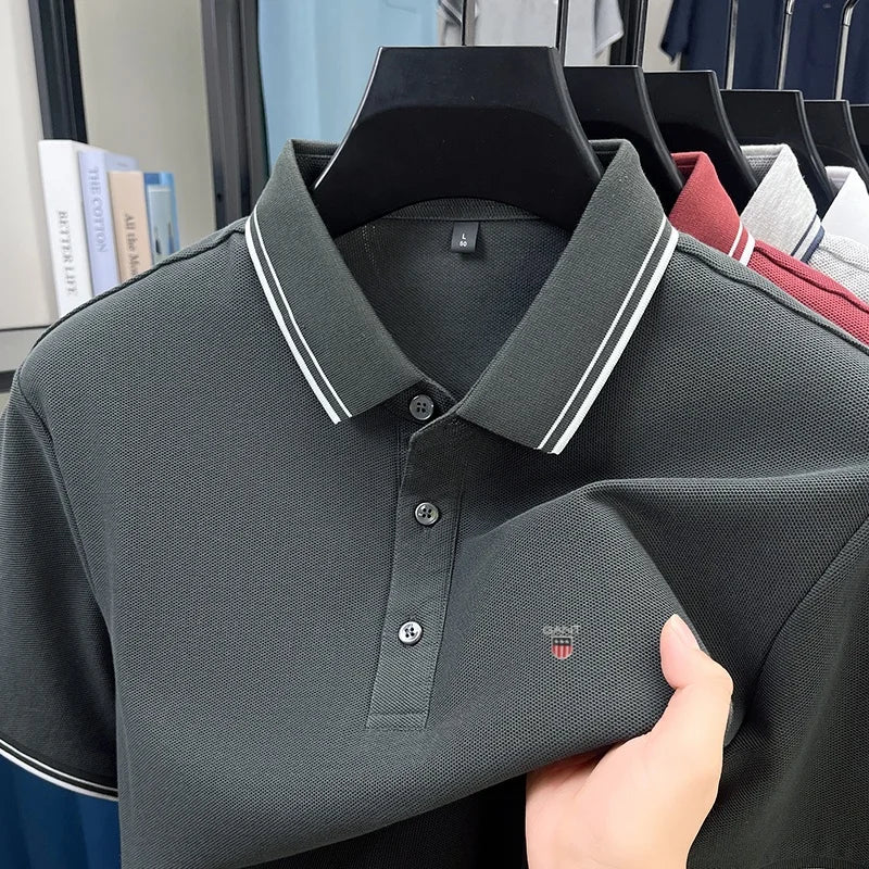 Summer men's exquisite embroidered short-sleeved POLO shirt 100% cotton breathable striped lapel daily business casual T-shirt